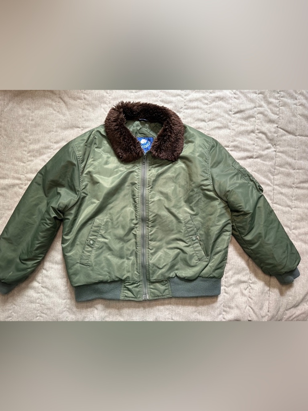 VTG Aviator Military Jacket Expedition Green Bomber Insulated Fur Collar Mens XL